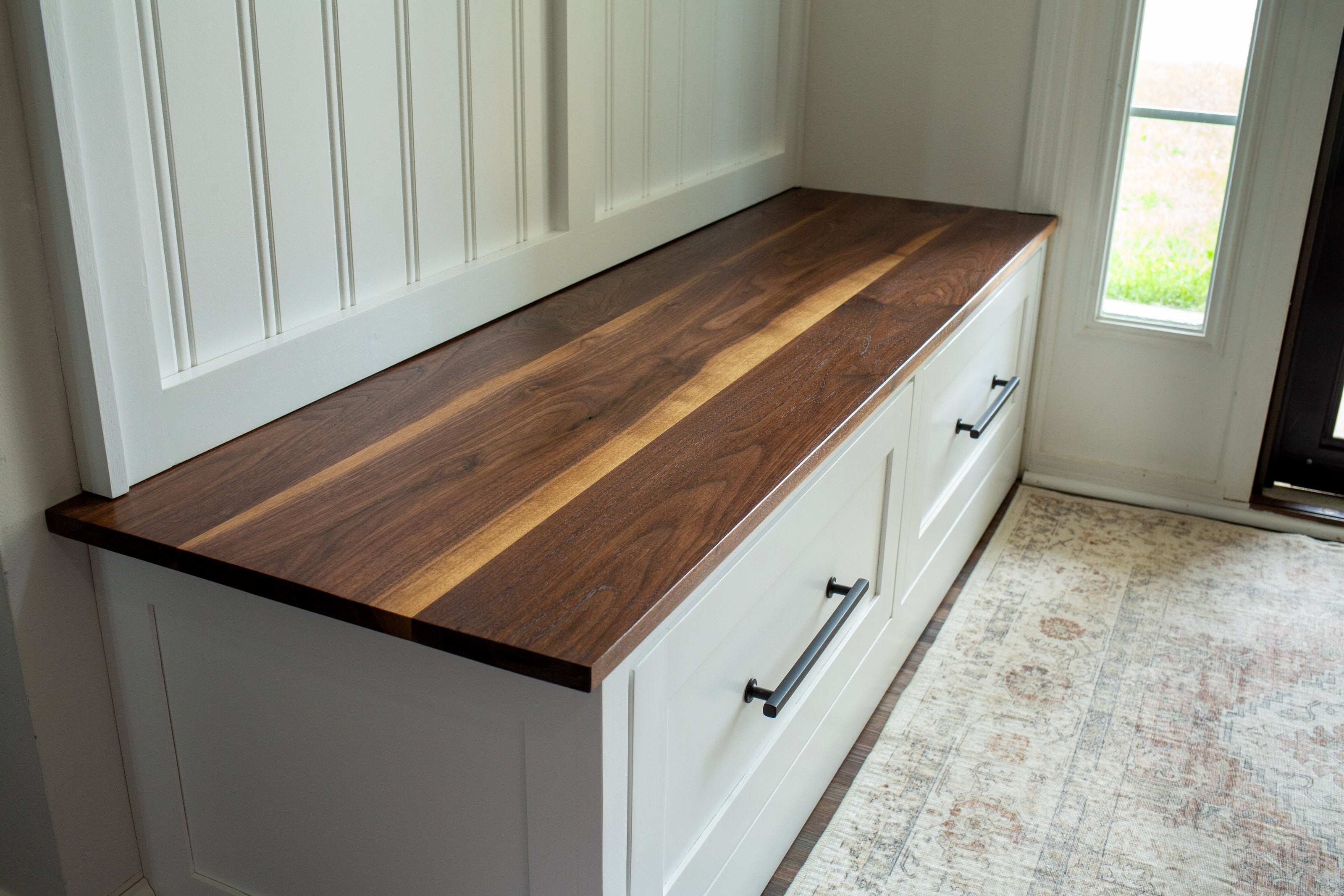 walnut bench with shaker drawer fronts