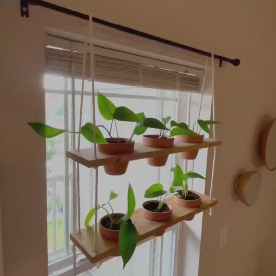 Hanging Plant Shelf | Window Garden Shelves | Tiered Plant Shelf | Window Plant Holder | Wood Rope Shelves | Plant Pot Holder Shelf
