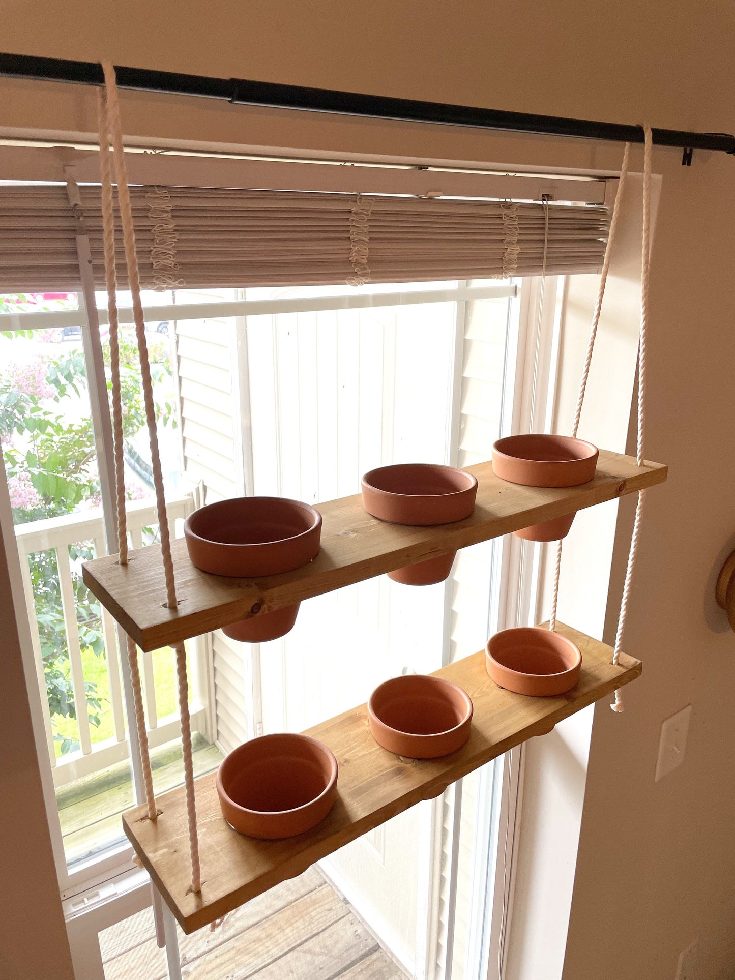 Hanging Plant Shelf | Window Garden Shelves | Tiered Plant Shelf | Window Plant Holder | Wood Rope Shelves | Plant Pot Holder Shelf