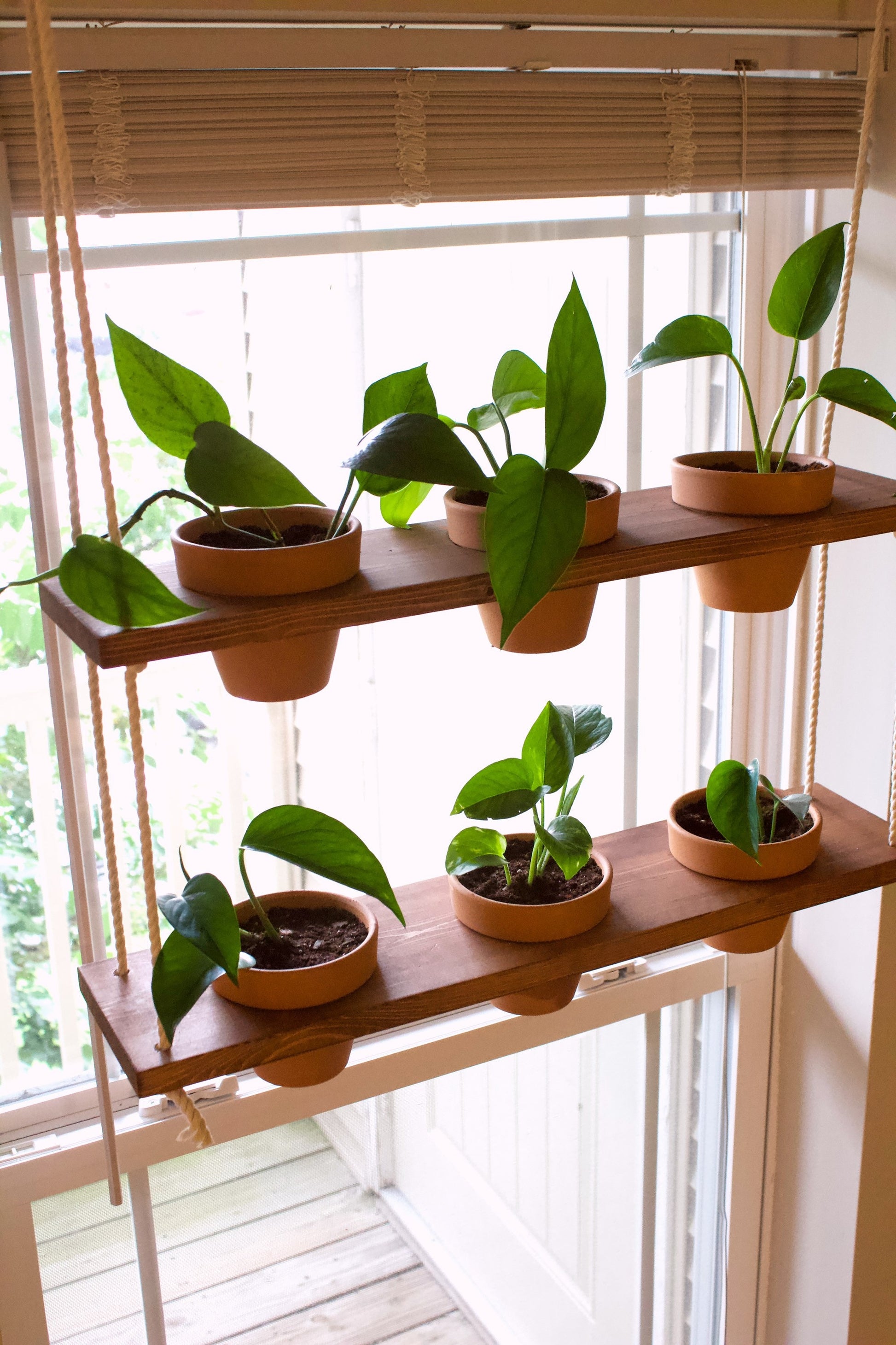 Hanging Plant Shelf | Window Garden Shelves | Tiered Plant Shelf | Window Plant Holder | Wood Rope Shelves | Plant Pot Holder Shelf